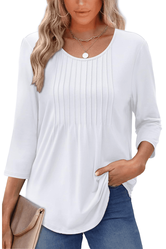 Women Summer Blouses 3/4 Sleeves Loose Fit Shirts Ladies Pleated Crew Neck Tunic Tops
