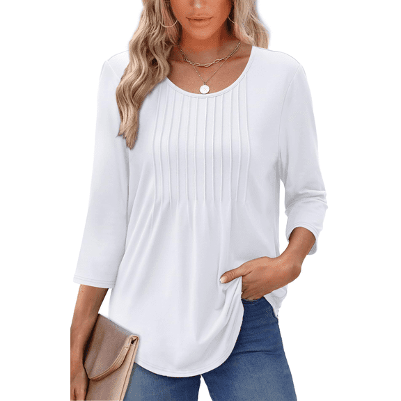 UVN Women Summer Blouses 3/4 Sleeves Loose Fit Shirts Ladies Pleated Crew Neck Tunic Tops