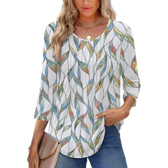 UVN Women Summer Blouses 3/4 Sleeves Loose Fit Shirts Ladies Pleated Crew Neck Tunic Tops