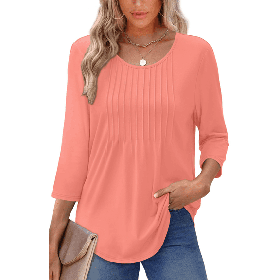 UVN Women Summer Blouses 3/4 Sleeves Loose Fit Shirts Ladies Pleated Crew Neck Tunic Tops