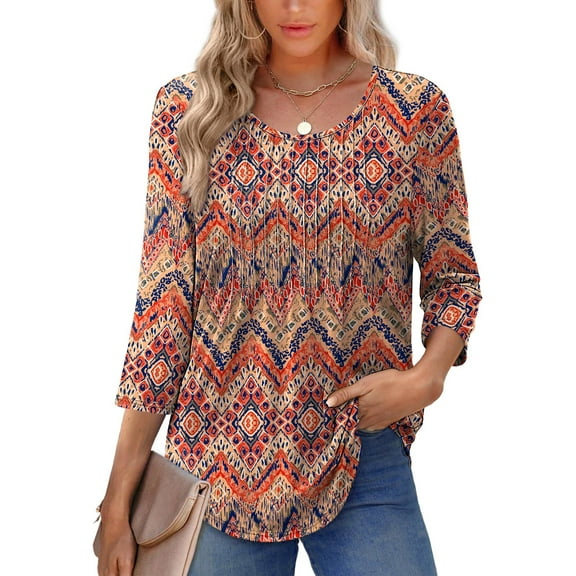 UVN Women Summer Blouses 3/4 Sleeves Loose Fit Shirts Ladies Pleated Crew Neck Tunic Tops