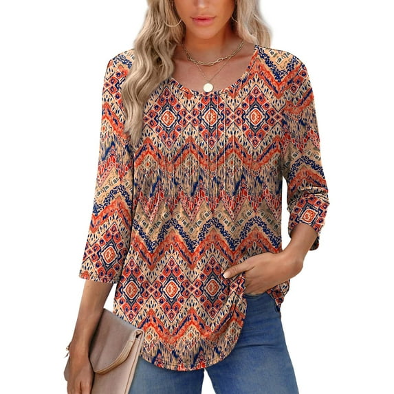 UVN Women Summer Blouses 3/4 Sleeves Loose Fit Shirts Ladies Pleated Crew Neck Tunic Tops