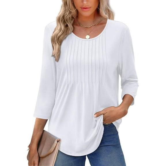 UVN Women Summer Blouses 3/4 Sleeves Loose Fit Shirts Ladies Pleated Crew Neck Tunic Tops