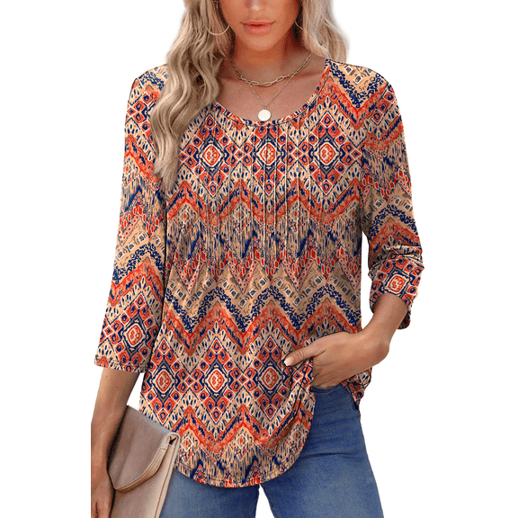 UVN Women Summer Blouses 3/4 Sleeves Loose Fit Shirts Ladies Pleated Crew Neck Tunic Tops