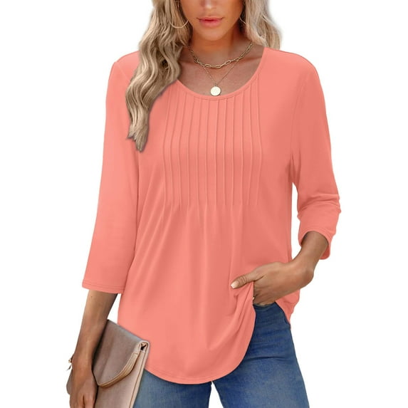 UVN Women Summer Blouses 3/4 Sleeves Loose Fit Shirts Ladies Pleated Crew Neck Tunic Tops