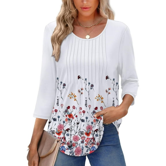 UVN Women Summer Blouses 3/4 Sleeves Loose Fit Shirts Ladies Pleated Crew Neck Tunic Tops