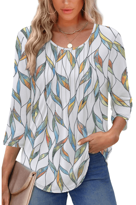 Women Summer Blouses 3/4 Sleeves Loose Fit Shirts Ladies Pleated Crew Neck Tunic Tops