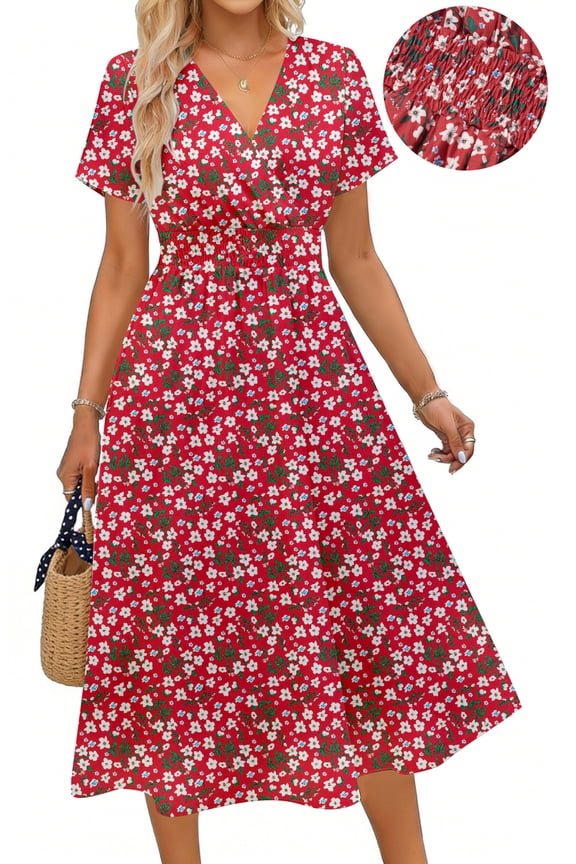 Women Summer Dresses Short Sleeve V Neck A-Line Midi Dress Ladies Boho Beach Floral Print Sundress