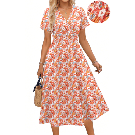 UVN Women Summer Dresses Short Sleeve V Neck A-Line Midi Dress Ladies Boho Beach Floral Print Sundress