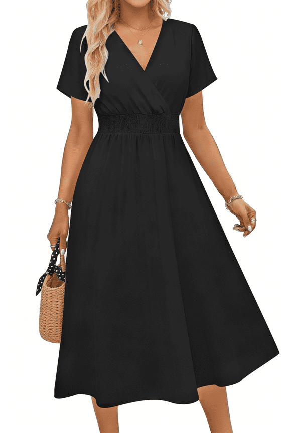 Women Summer Dresses Short Sleeve V Neck A-Line Midi Dress Ladies Boho Beach Floral Print Sundress