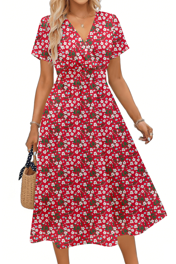Women Summer Dresses Short Sleeve V Neck A-Line Midi Dress Ladies Boho Beach Floral Print Sundress