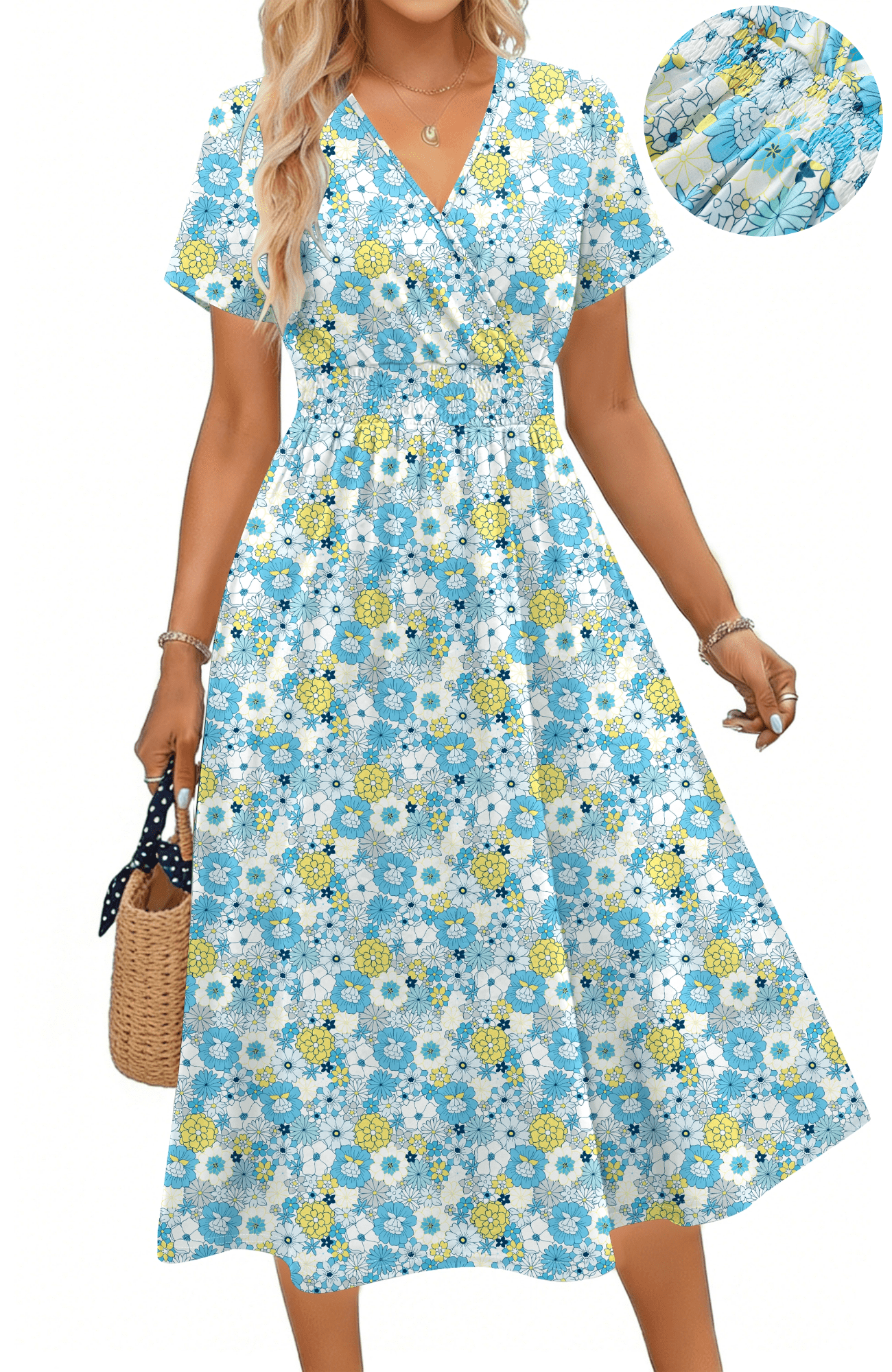 UVN Women Summer Dresses Short Sleeve V Neck A-Line Midi Dress Ladies ...