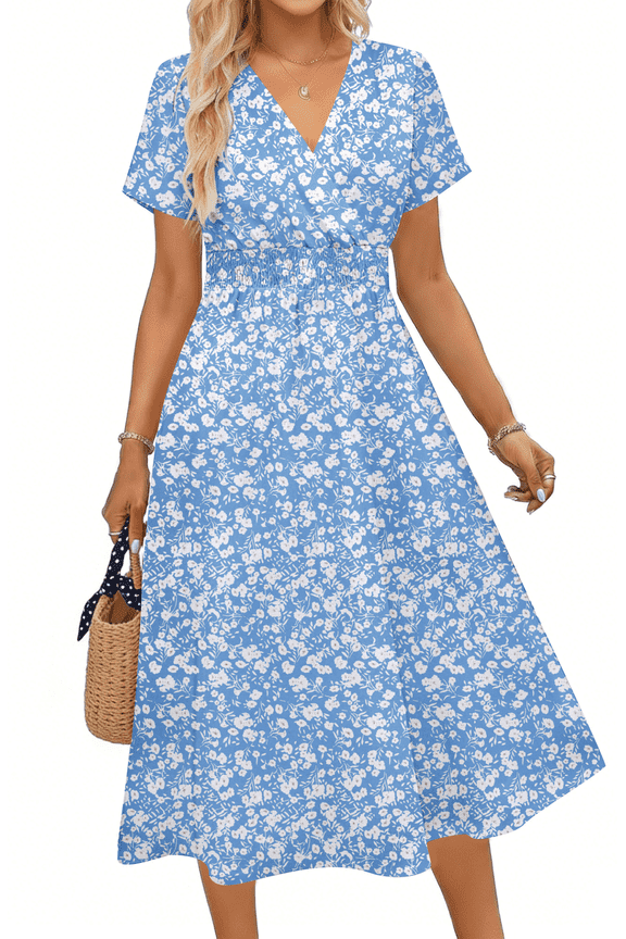 Women Summer Dresses Short Sleeve V Neck A-Line Midi Dress Ladies Boho Beach Floral Print Sundress