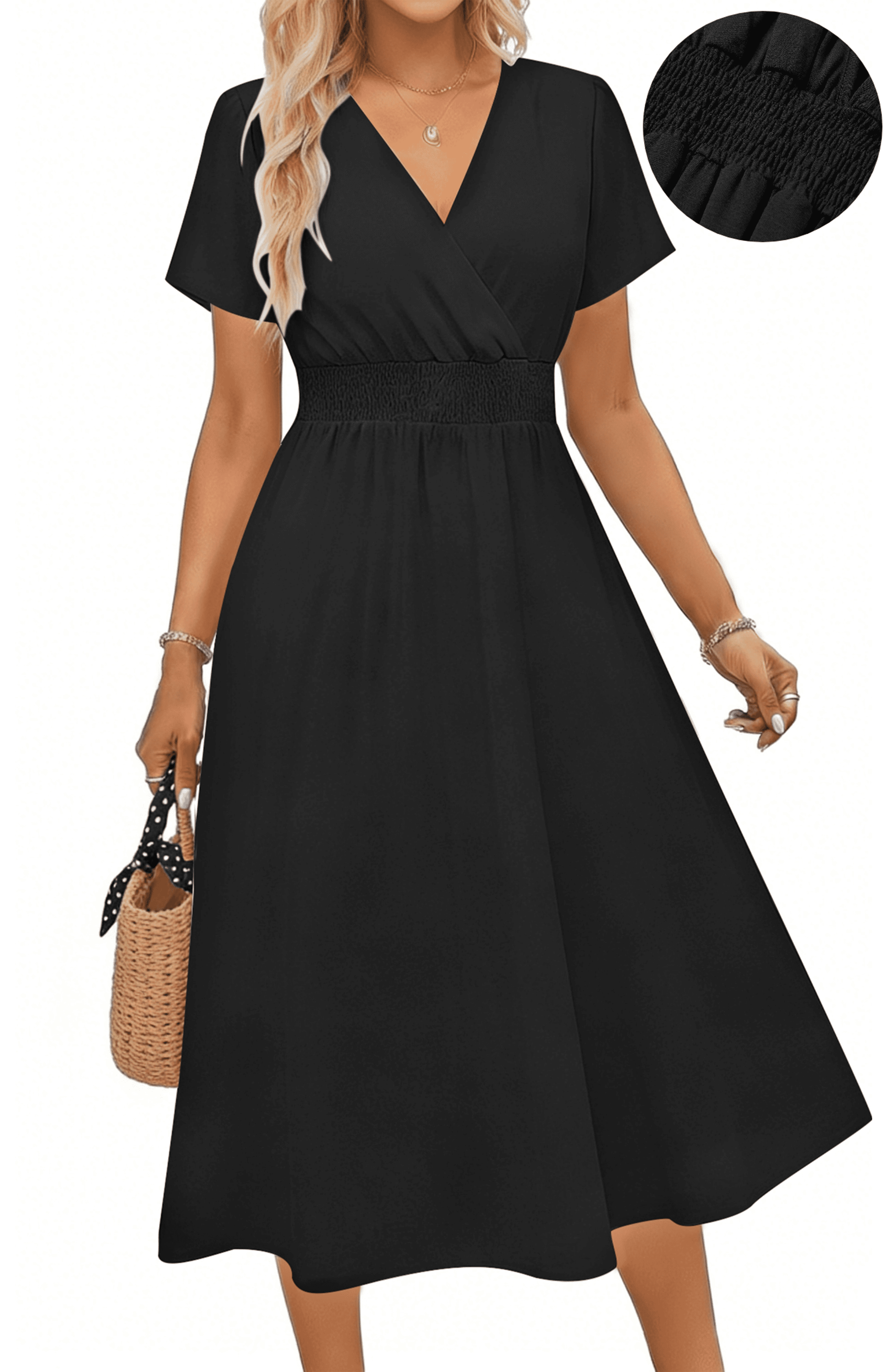 UVN Women Summer Dresses Short Sleeve V Neck A-Line Midi Dress Ladies ...