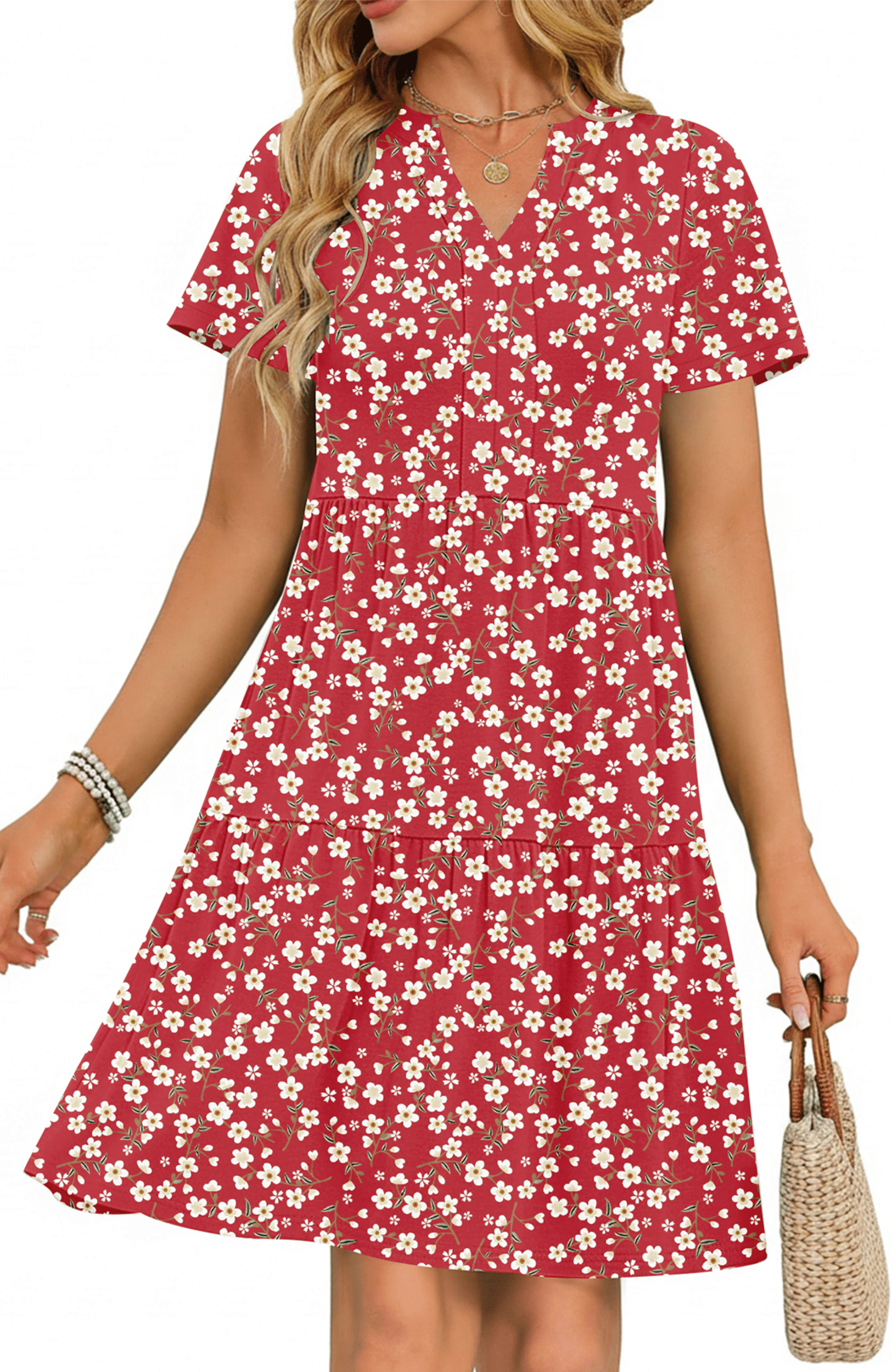 UVN Women Summer Dresses Short Sleeve V Neck Midi Dress Ladies Casual ...