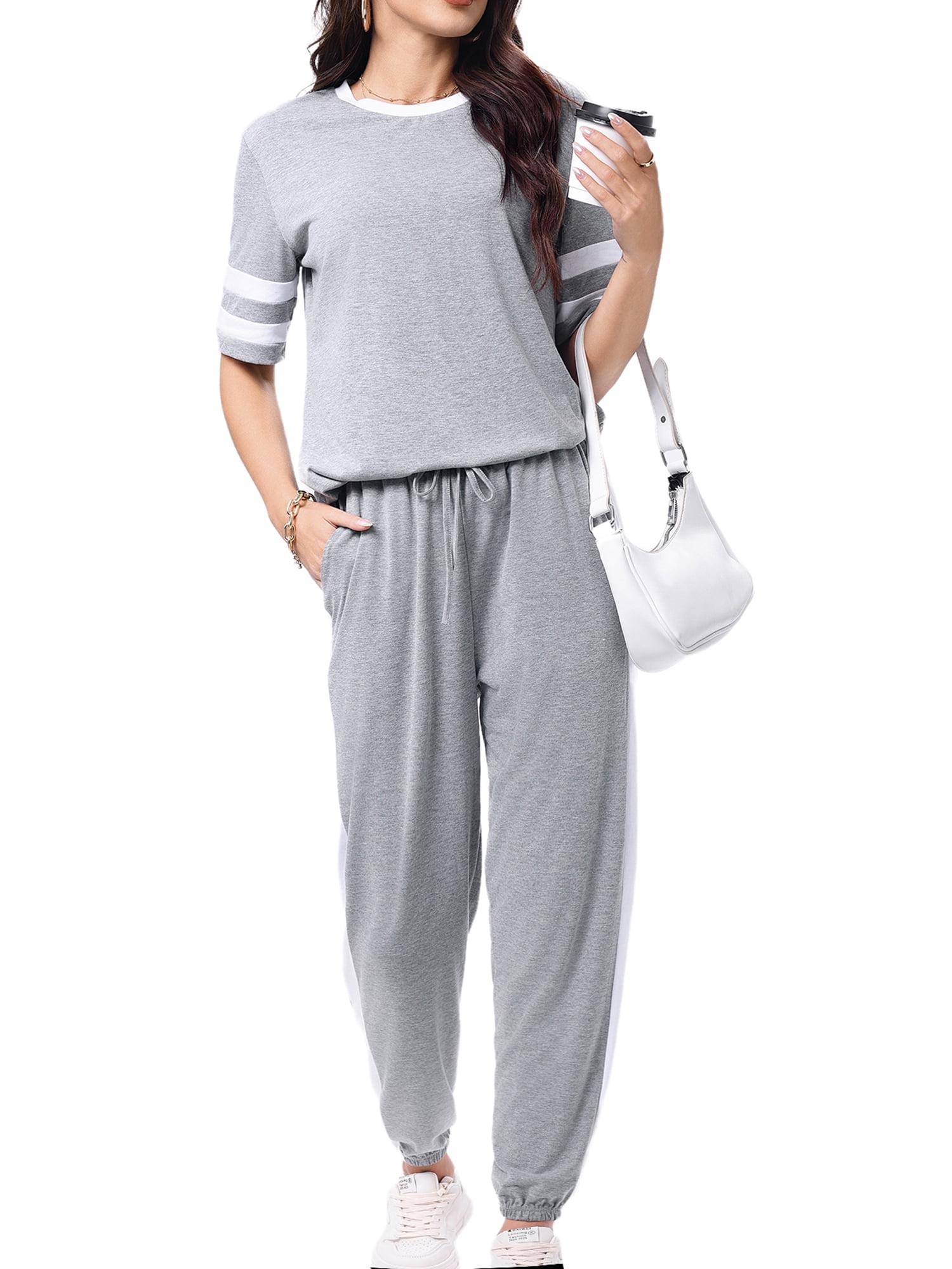 Women Sweatsuits Casual 2 Piece Sets Striped Tracksuits Short Sleeve Summer T Shirts Long Jogger Sets Loose Activewear