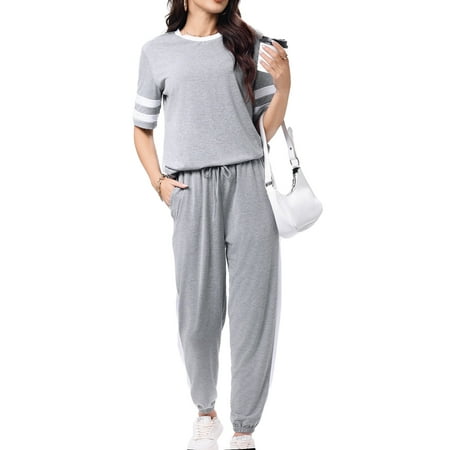 Shine Up Women Sweatsuits Casual 2 Piece Sets Striped Tracksuits Short Sleeve Summer T Shirts Long Jogger Sets Loose Activewear