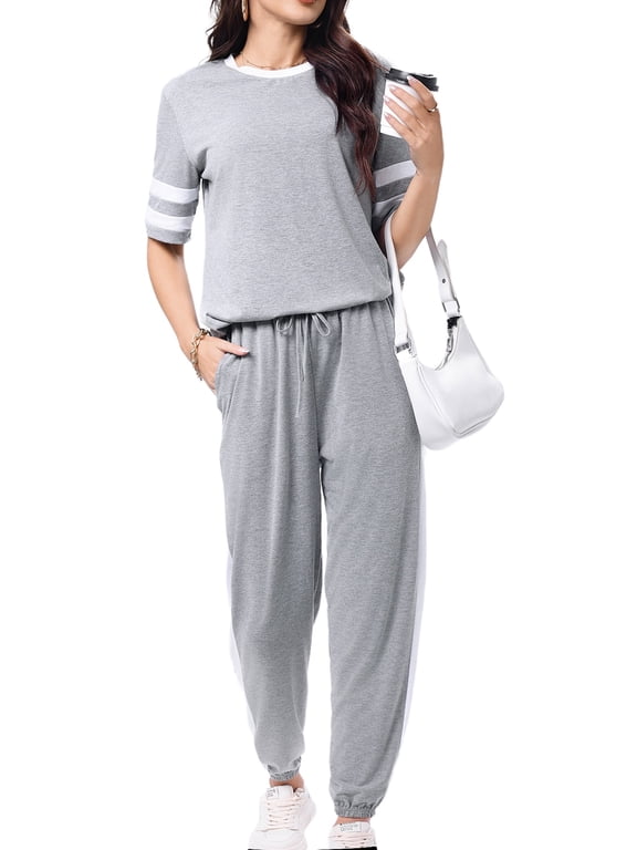 Women Sweatsuits Casual 2 Piece Sets Striped Tracksuits Short Sleeve Summer T Shirts Long Jogger Sets Loose Activewear