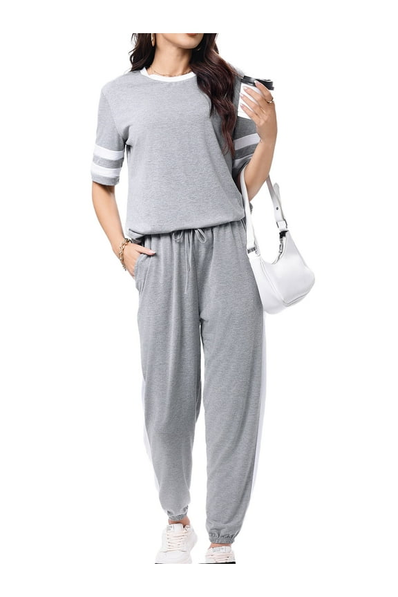Women Sweatsuits Casual 2 Piece Sets Striped Tracksuits Short Sleeve Summer T Shirts Long Jogger Sets Loose Activewear