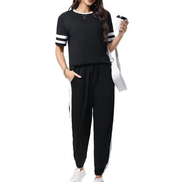 Shine Up Women Sweatsuits Casual 2 Piece Sets Striped Tracksuits Short Sleeve Summer T Shirts Long Jogger Sets Loose Activewear
