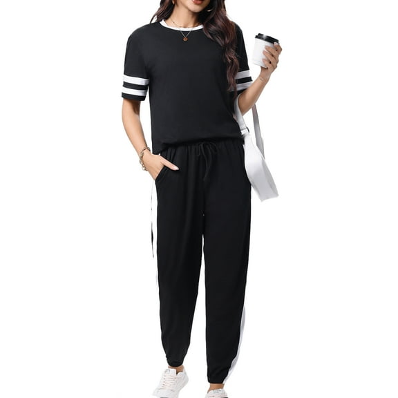 Shine Up Women Sweatsuits Casual 2 Piece Sets Striped Tracksuits Short Sleeve Summer T Shirts Long Jogger Sets Loose Activewear