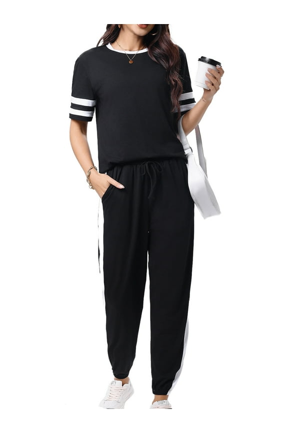 Women Sweatsuits Casual 2 Piece Sets Striped Tracksuits Short Sleeve Summer T Shirts Long Jogger Sets Loose Activewear