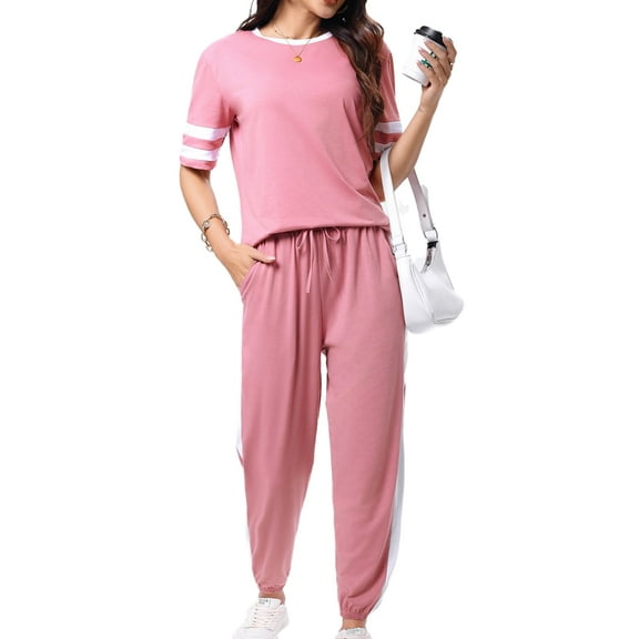 Shine Up Women Sweatsuits Casual 2 Piece Sets Striped Tracksuits Short Sleeve Summer T Shirts Long Jogger Sets Loose Activewear