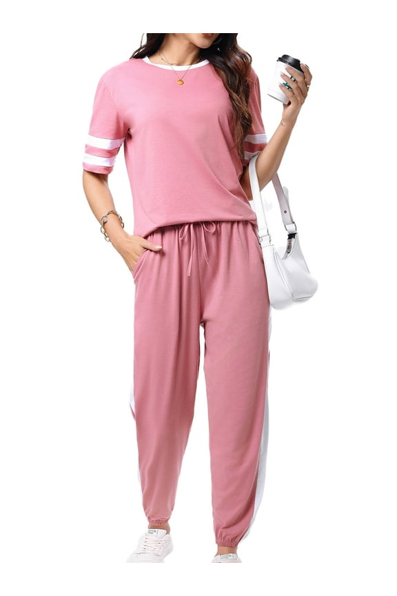 Women Sweatsuits Casual 2 Piece Sets Striped Tracksuits Short Sleeve Summer T Shirts Long Jogger Sets Loose Activewear