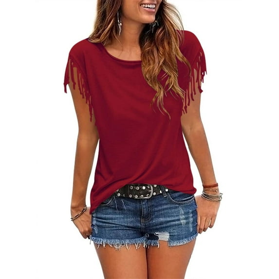UVN Women Tassel T Shirt Short Sleeve Tops Round Neck Shirts Casual Summer Tee