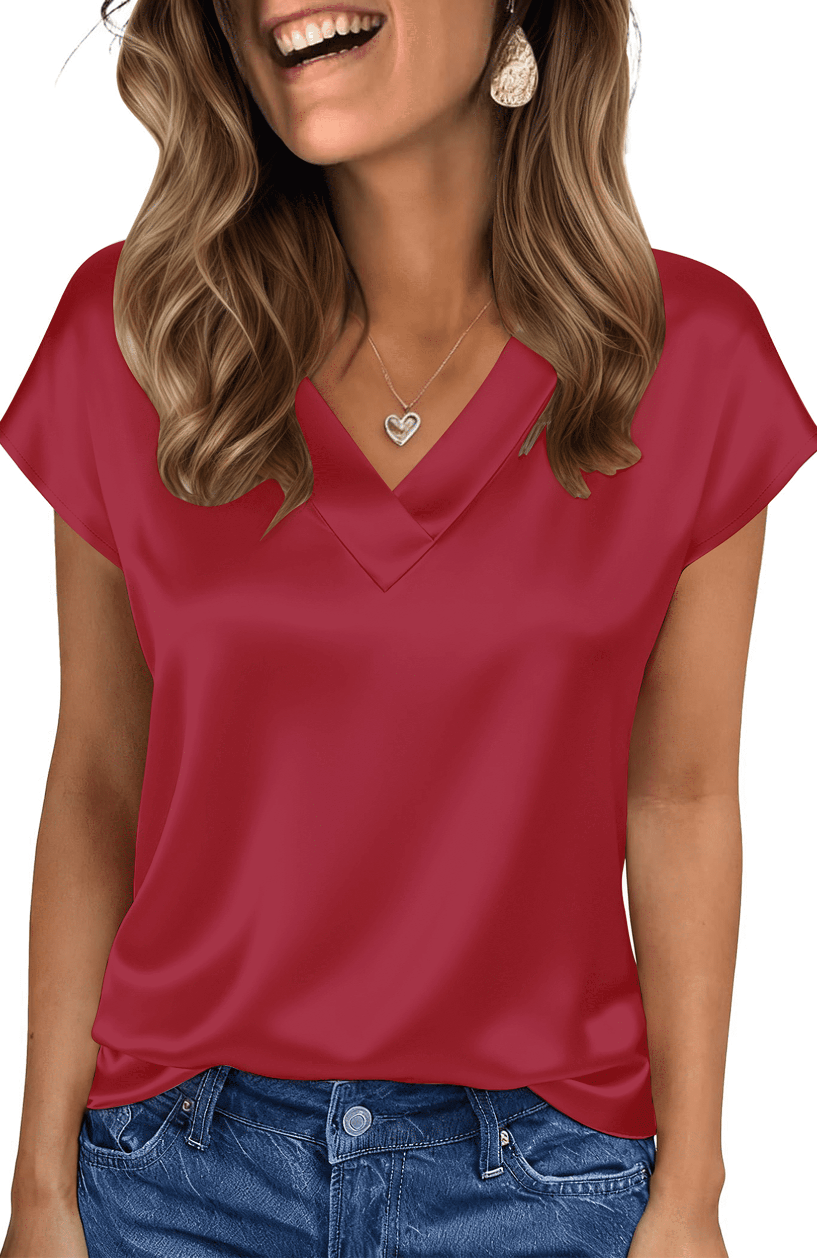 UVN Women Tops Summer Cap Short Sleeve Blouses Ladies V Neck Silk Satin ...