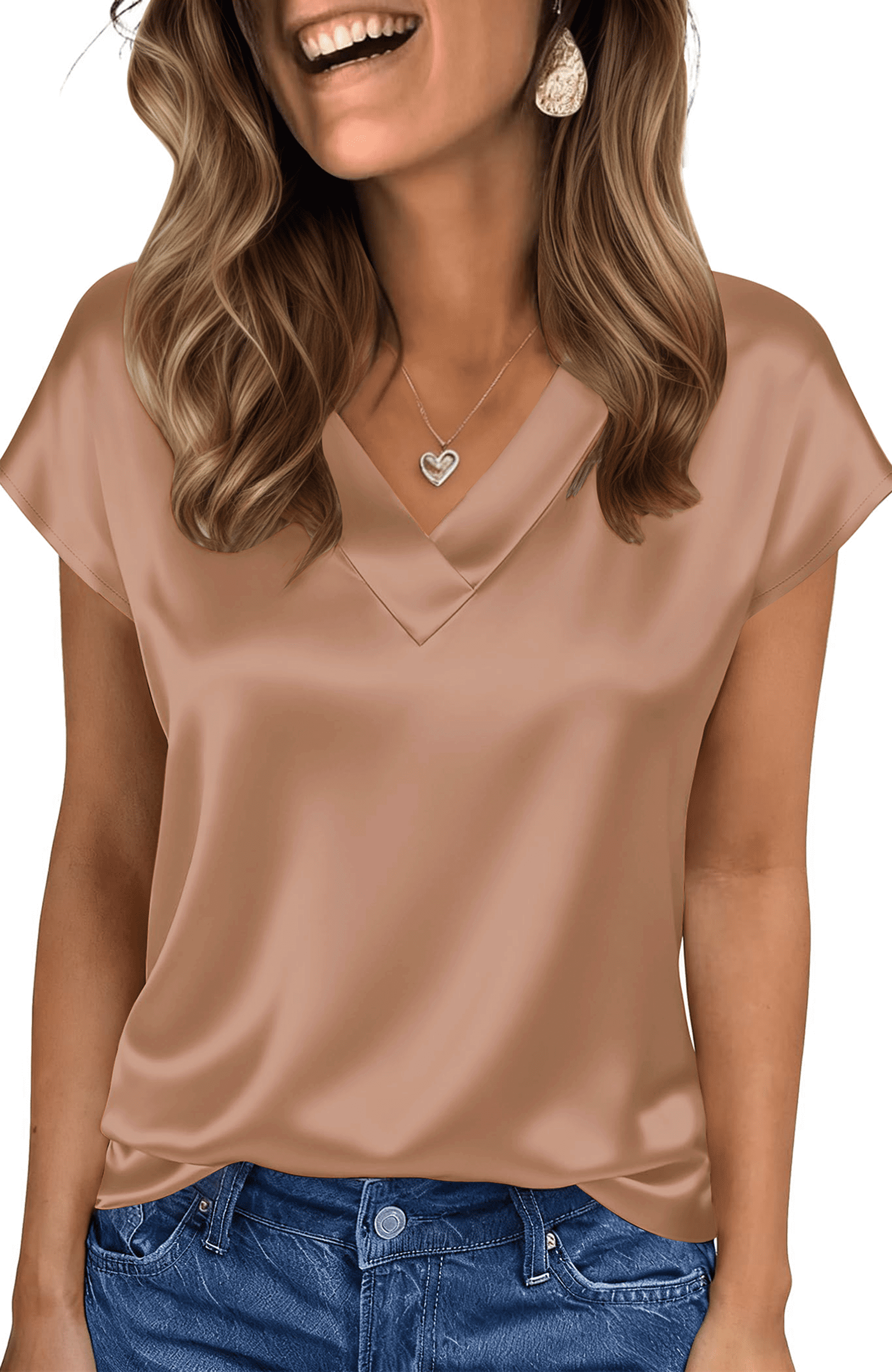 UVN Women Tops Summer Cap Short Sleeve Blouses Ladies V Neck Silk Satin ...