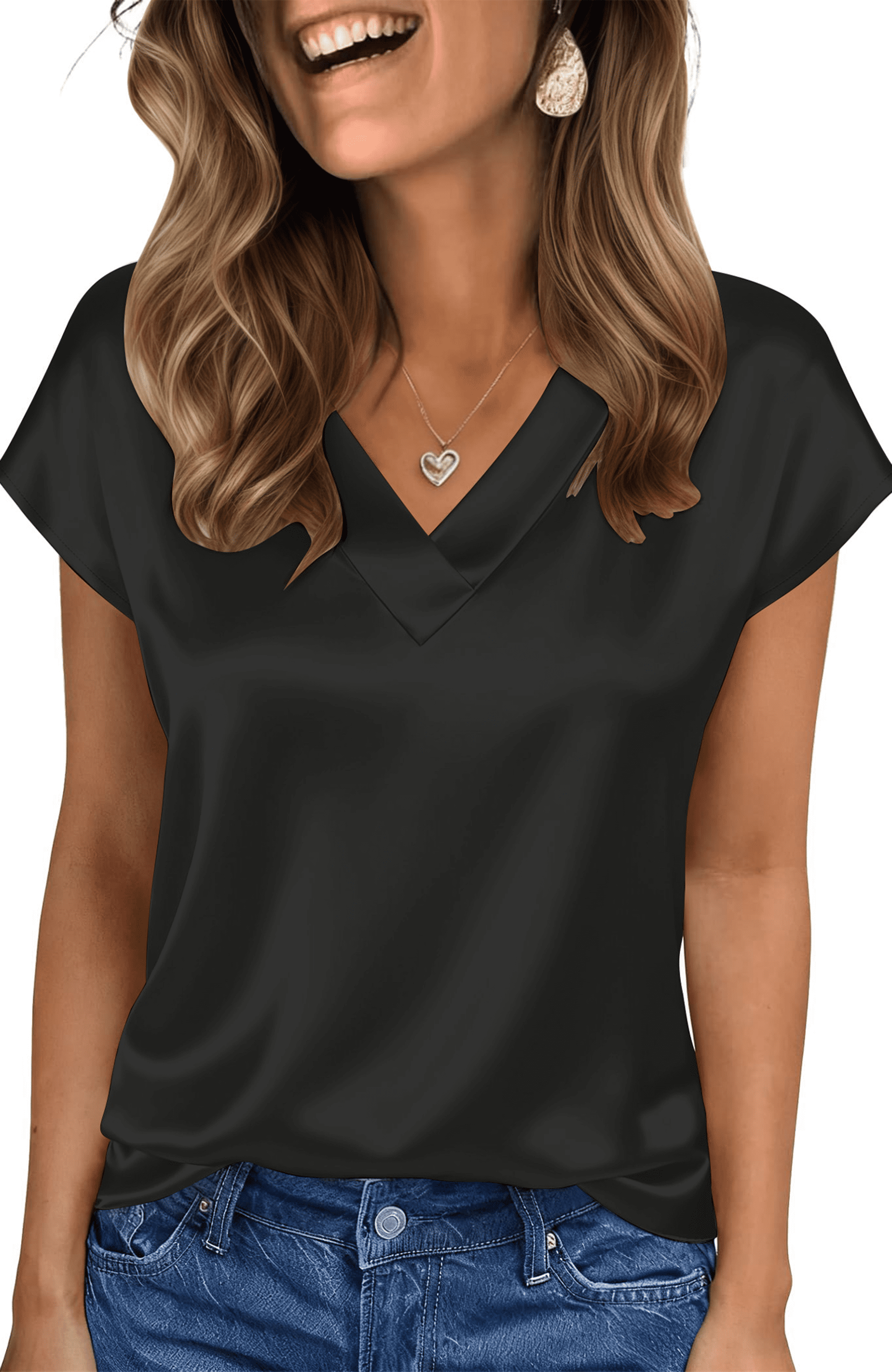 UVN Women Tops Summer Cap Short Sleeve Blouses Ladies V Neck Silk Satin ...