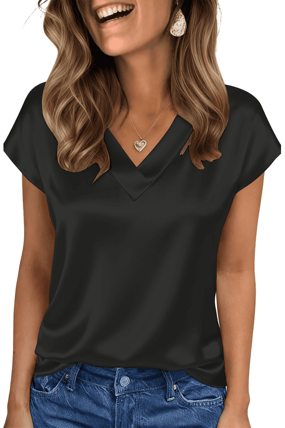 Women Tops Summer Cap Short Sleeve Blouses Ladies V Neck Silk Satin Business Casual Shirts