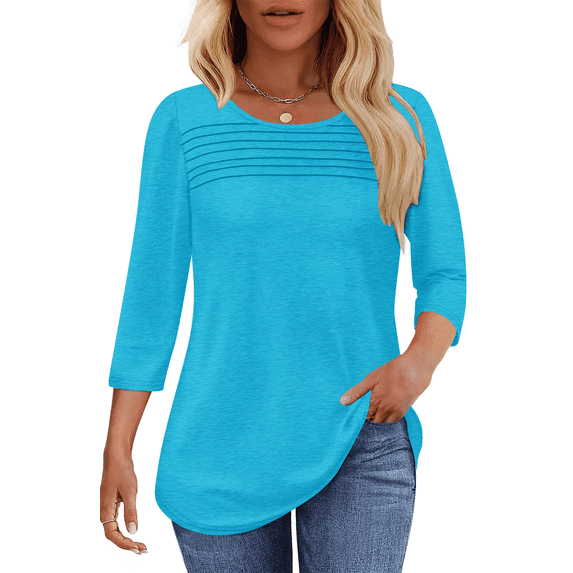 UVN Women Tunic Tops Summer 3/4 Length Sleeve Blouses Casual Crewneck Shirt Pleated Loose Tops