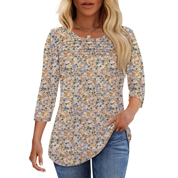 UVN Women Tunic Tops Summer 3/4 Length Sleeve Blouses Casual Crewneck Shirt Pleated Loose Tops