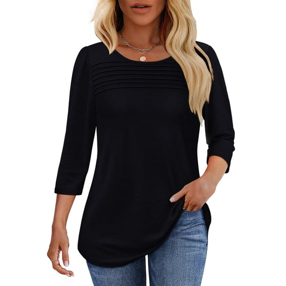 UVN Women Tunic Tops Summer 3/4 Length Sleeve Blouses Casual Crewneck Shirt Pleated Loose Tops