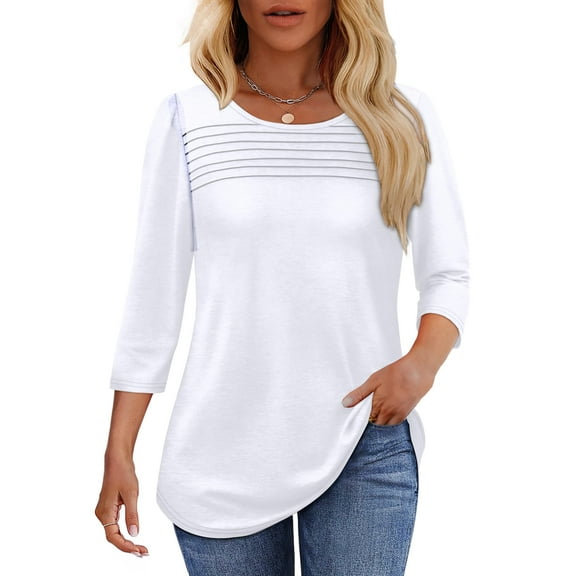 UVN Women Tunic Tops Summer 3/4 Length Sleeve Blouses Casual Crewneck Shirt Pleated Loose Tops