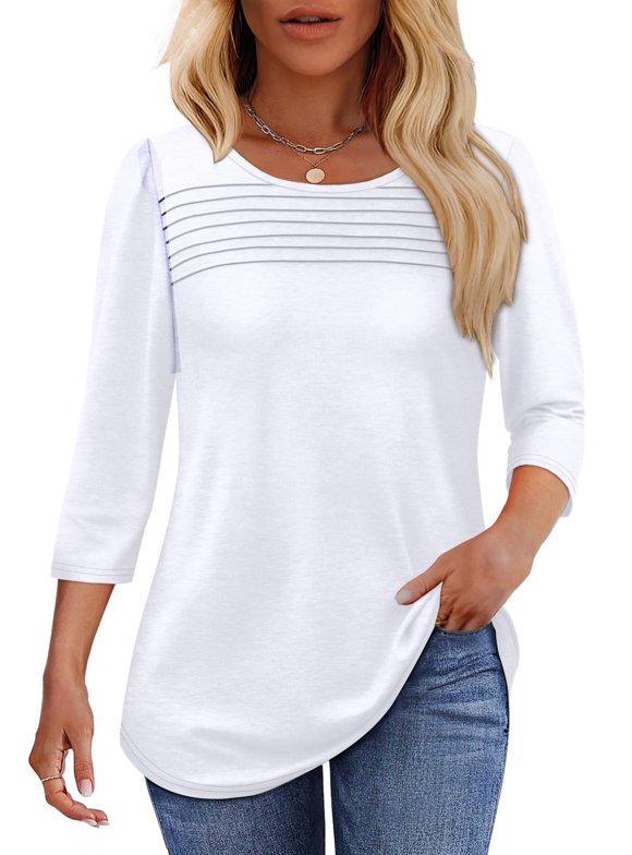 Women Tunic Tops Summer 3/4 Length Sleeve Blouses Casual Crewneck Shirt Pleated Loose Tops