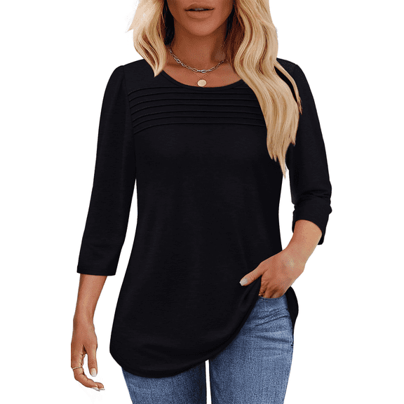 UVN Women Tunic Tops Summer 3/4 Length Sleeve Blouses Casual Crewneck Shirt Pleated Loose Tops