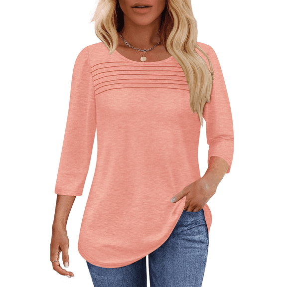UVN Women Tunic Tops Summer 3/4 Length Sleeve Blouses Casual Crewneck Shirt Pleated Loose Tops