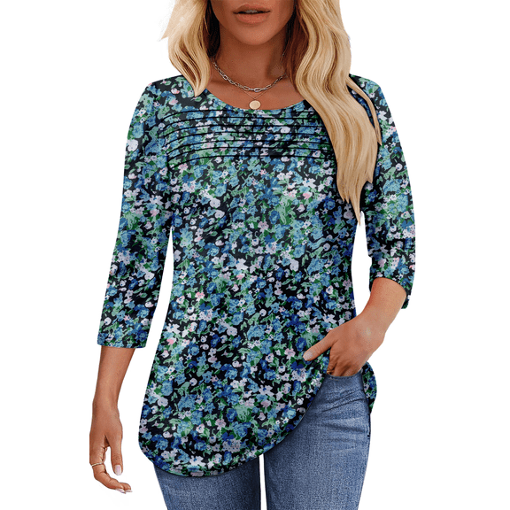 UVN Women Tunic Tops Summer 3/4 Length Sleeve Blouses Casual Crewneck Shirt Pleated Loose Tops