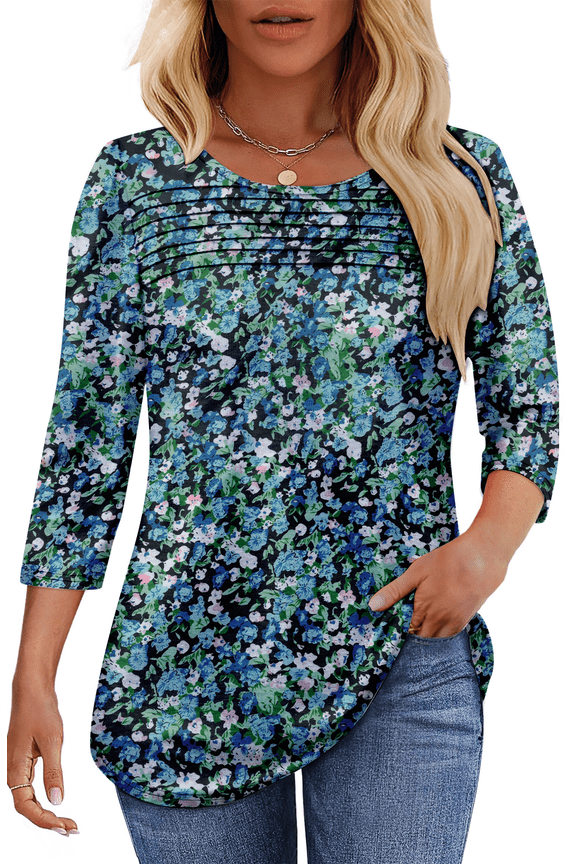 Women Tunic Tops Summer 3/4 Length Sleeve Blouses Casual Crewneck Shirt Pleated Loose Tops