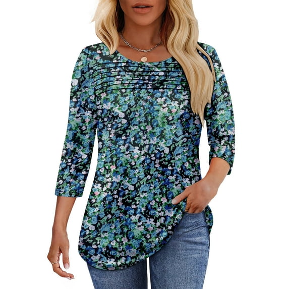 UVN Women Tunic Tops Summer 3/4 Length Sleeve Blouses Casual Crewneck Shirt Pleated Loose Tops
