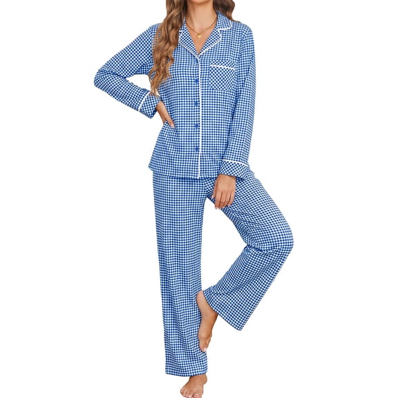 UVN Womens Cotton 2 Piece Pajama Set Fall Gingham Button up Top and Long Pant Casual Ladies Plaid Loungewear