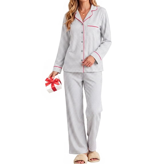 UVN Womens Cotton 2 Piece Pajama Set Fall Gingham Button up Top and Long Pant Casual Ladies Plaid Loungewear