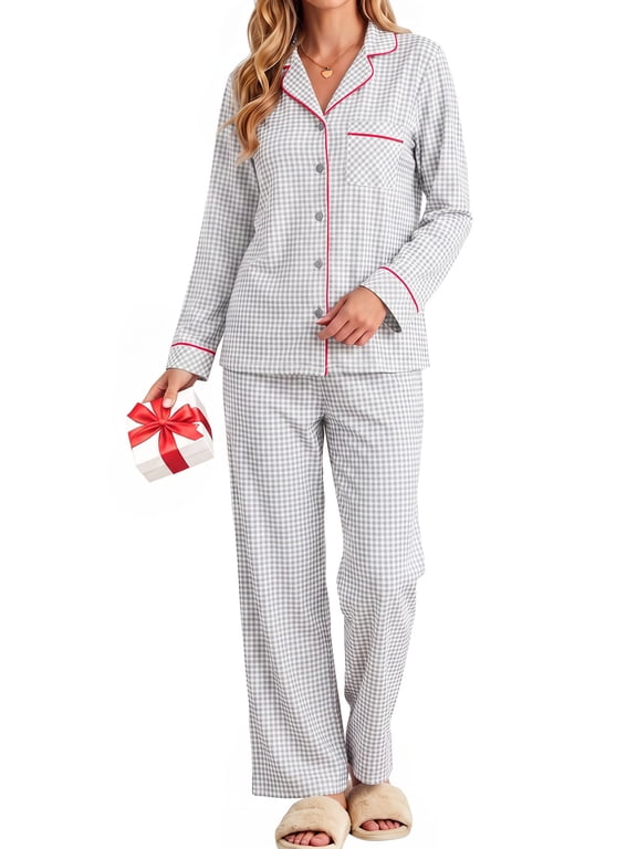 Womens Cotton 2 Piece Pajama Set Fall Gingham Button up Top and Long Pant Casual Ladies Plaid Loungewear