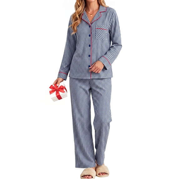 UVN Womens Cotton 2 Piece Pajama Set Fall Gingham Button up Top and Long Pant Casual Ladies Plaid Loungewear