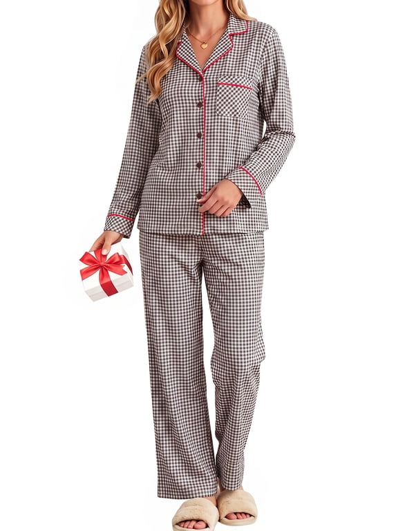 Womens Cotton 2 Piece Pajama Set Fall Gingham Button up Top and Long Pant Casual Ladies Plaid Loungewear