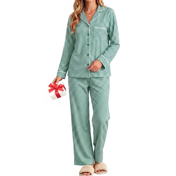 UVN Womens Cotton 2 Piece Pajama Set Fall Gingham Button up Top and Long Pant Casual Ladies Plaid Loungewear