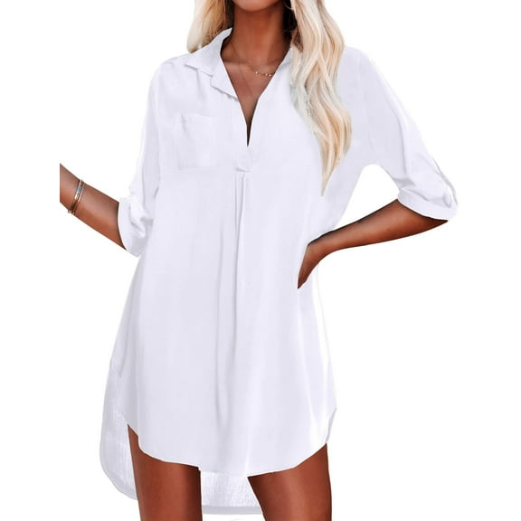 UVN Womens Blouses 3/4 Sleeve Swimsuit Cover Ups V Neck White Shirt Summer Plus Size Tops